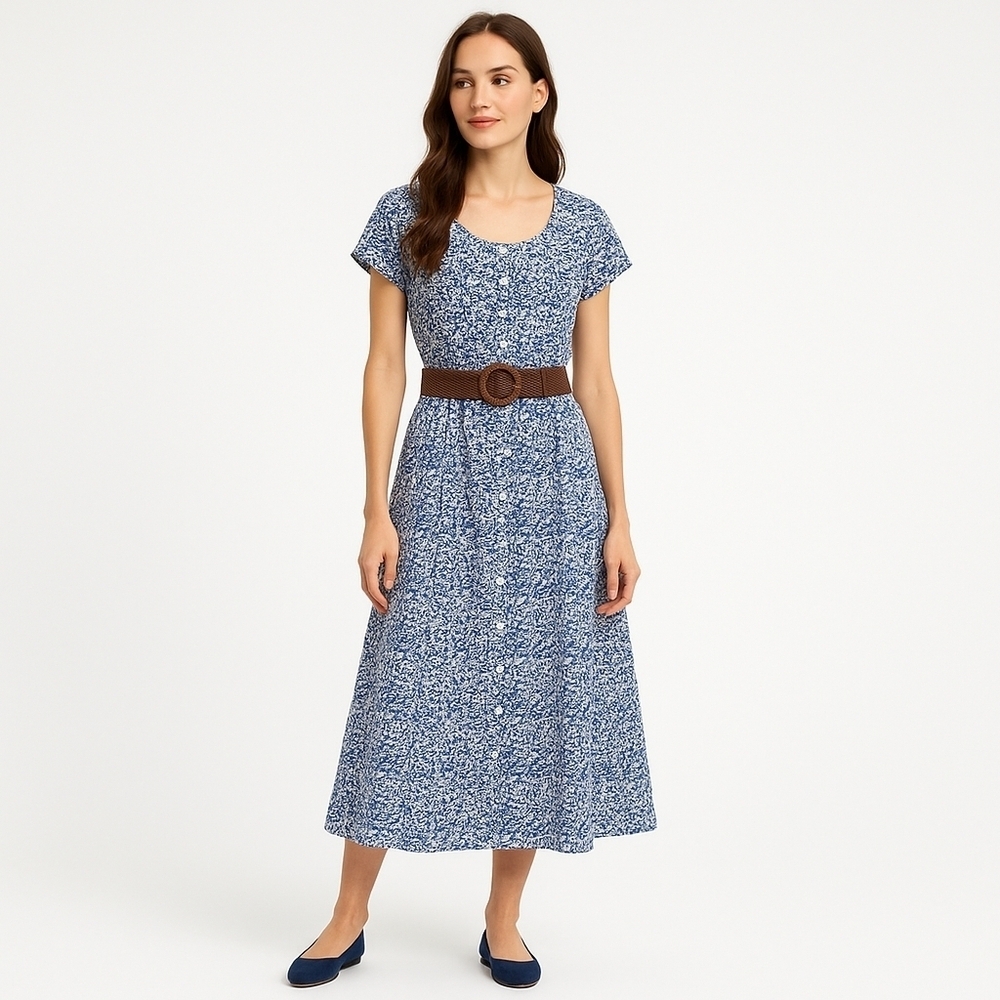 Vintage Norm Thompson Linen A line dress, blue/cream, women's medium NWOT